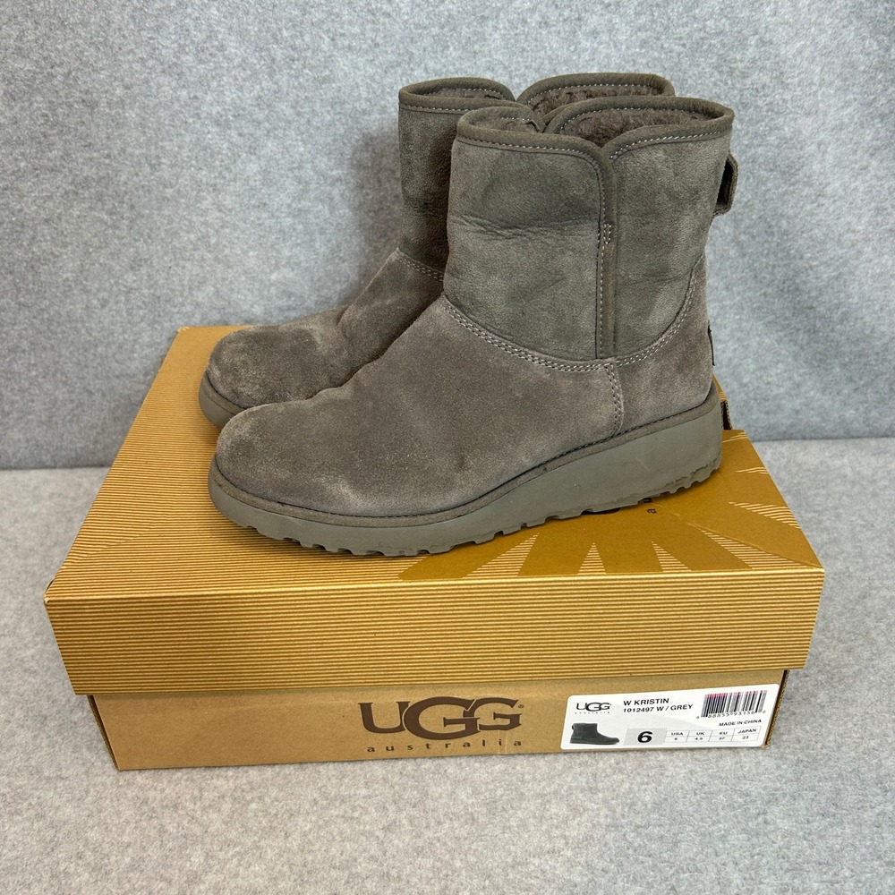 UGG Kristin Wedge Boot Grey Suede Shearling Ankle Boot Winter Cozy Womens Size 6